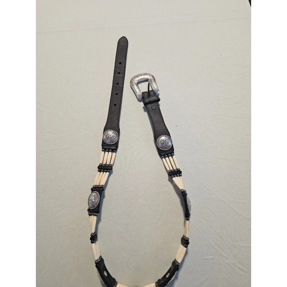 Western Leather Bone Hairpipe Concho Belt Black Silver Size 32 7153L